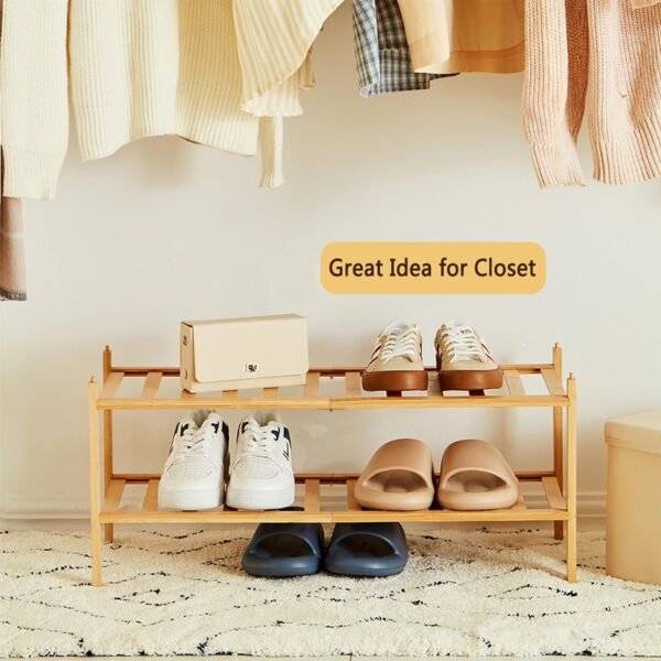 Shoe Rack Organizer for Closet Entryway, 2-Tier Bamboo Stackable Shoe Rack Small Shoe Storage for Dorm Front Door Wooden Shoe Shelf, Natural - Image 4
