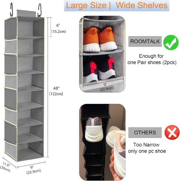 Large-Sized Hanging Shoe Organizer 8-Shelf, Hanging Closet Organizer with 8 Side Pockets, Wider Hanging Shelves for Storage Shoes Clothes 9" W × 11.8" D× 48" H, Grey - Image 3