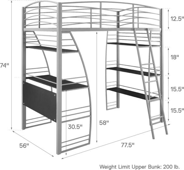 DHP Studio Loft Bunk Bed Over Desk and Bookcase with Metal Frame, Twin, Gray Gray - Image 3