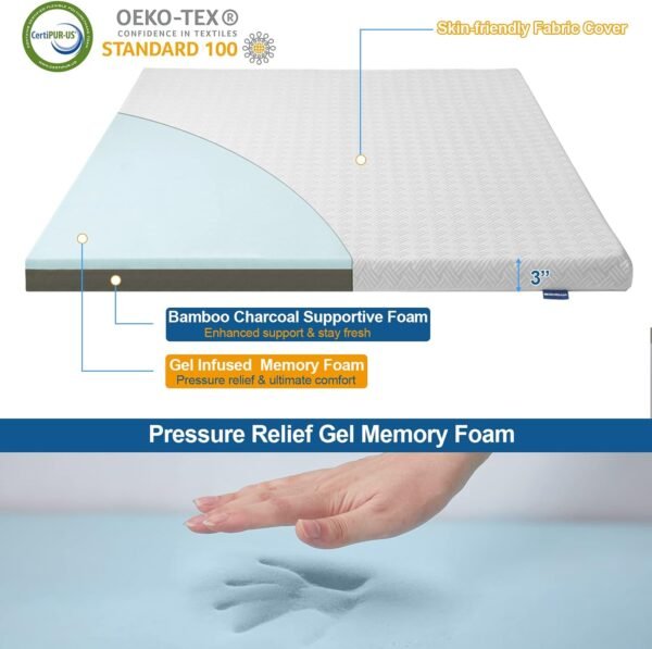 3 Inch Gel Memory Foam Mattress Topper Twin XL Size Cooling Mattress Pad Pressure Relief Bed Topper for Back Pain, High Density Bamboo Charcoal Firm Topper with Removable & Washable Cover - Image 6