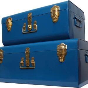 Zanzer Trunk Set – Vintage Style Storage w/Gold Finish Handles & Locks – Space Saving Organizer Home Dorm & Office Use (Blue, 2 Trunks)