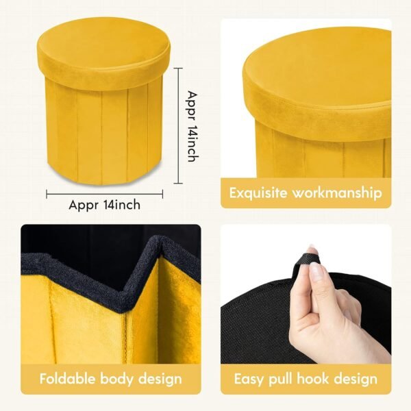 Phantoscope Storage Ottoman Round15 Inch, Velvet Folding Storage Boxes Footrest Foot Ottoman Toy Box, Padded Seat for Dorm Living Room Bedroom, Support 220lbs Yellow - Image 4