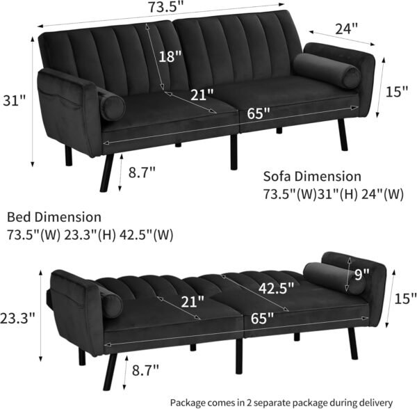 DURASPACE Velvet Loveseat Sleeper Sofa 74" Convertible Futon Couch with USB, Loveseat Coach for Dorm, Apartment, Bonus Room,Compact Living Space (Charcoal Gray) - Image 2