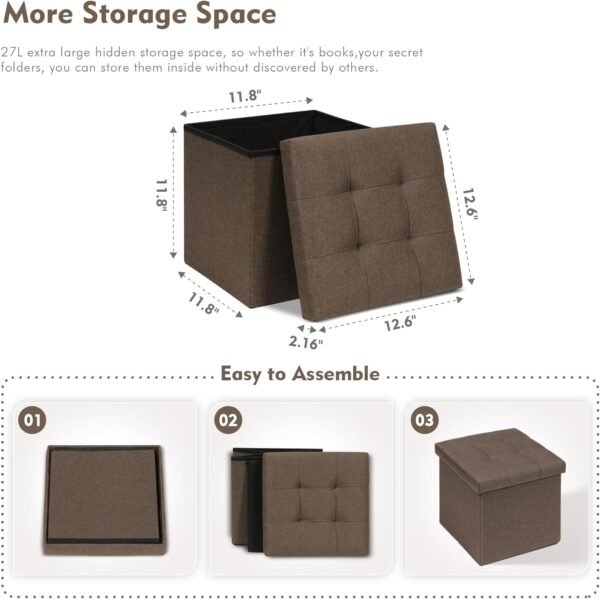 B FSOBEIIALEO Storage Ottoman Cube, Toy Chest Folding Footrest for Living Room Seat, 12.6"X12.6"X12.6" (Linen Brown) - Image 3
