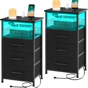 Night Stand Set 2 with Charging Station, Nightstands Set of 2 with 20 Colors LED Light Strip 3 Drawers, Side Tables Bedroom End Table with USB ports and Outlets for Living Room, Office (Black)