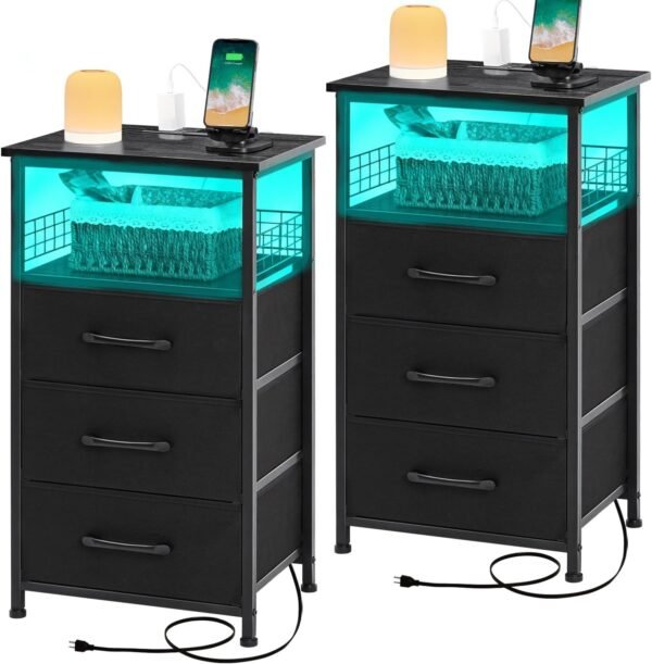 Night Stand Set 2 with Charging Station, Nightstands Set of 2 with 20 Colors LED Light Strip 3 Drawers, Side Tables Bedroom End Table with USB ports and Outlets for Living Room, Office (Black)