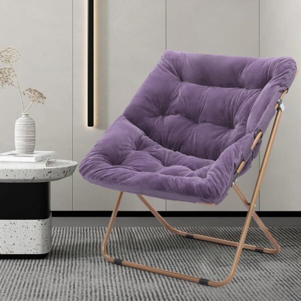 MoNiBloom Square Folding Faux Fur Saucer Chair for Bedroom Living Room Dorm Courtyard Foldable Metal Frame Oversized Large Comfy Furry Padded Soft Lounge Lazy Cozy Moon Chair for Adults (Purple) - Image 2