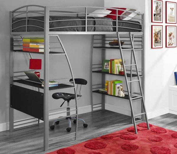 DHP Studio Loft Bunk Bed Over Desk and Bookcase with Metal Frame, Twin, Gray Gray - Image 9