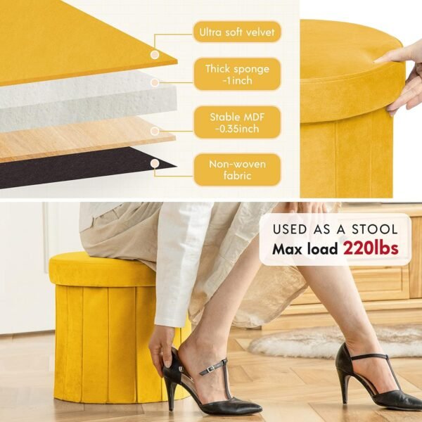 Phantoscope Storage Ottoman Round15 Inch, Velvet Folding Storage Boxes Footrest Foot Ottoman Toy Box, Padded Seat for Dorm Living Room Bedroom, Support 220lbs Yellow - Image 2