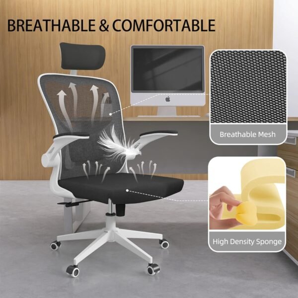 Ergonomic Office Chair, High Back Mesh Computer Desk Chair with Flip-up Arms, Adjustable Lumbar Support & Headrest, Swivel Rolling Task Chair for Home Office, Bedroom, Study, College Dorm（White&Black - Image 6