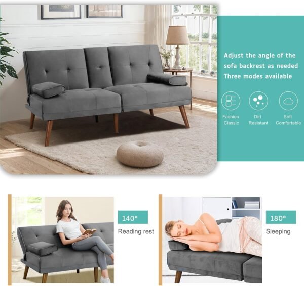Meilocar Sofa Bed Velvet, 60" Loveseat Futon Sofa Bed with Removable Armrests, Adjustable Recliner Guest Bed Daybed Sofa for Small Space, Cup Holders, 3 Angles, Gray - Image 4