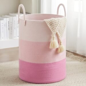 Cotton Rope Laundry Hamper by Fiona’s magic, Tall Woven Laundry Basket Storage, Baby Nursery Hamper for Blankets, Toys and Clothes Hamper for Bedroom and Living Room Organizing, 58L, Pink