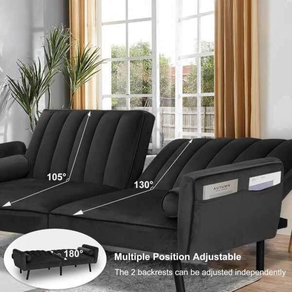 DURASPACE Velvet Loveseat Sleeper Sofa 74" Convertible Futon Couch with USB, Loveseat Coach for Dorm, Apartment, Bonus Room,Compact Living Space (Charcoal Gray) - Image 4