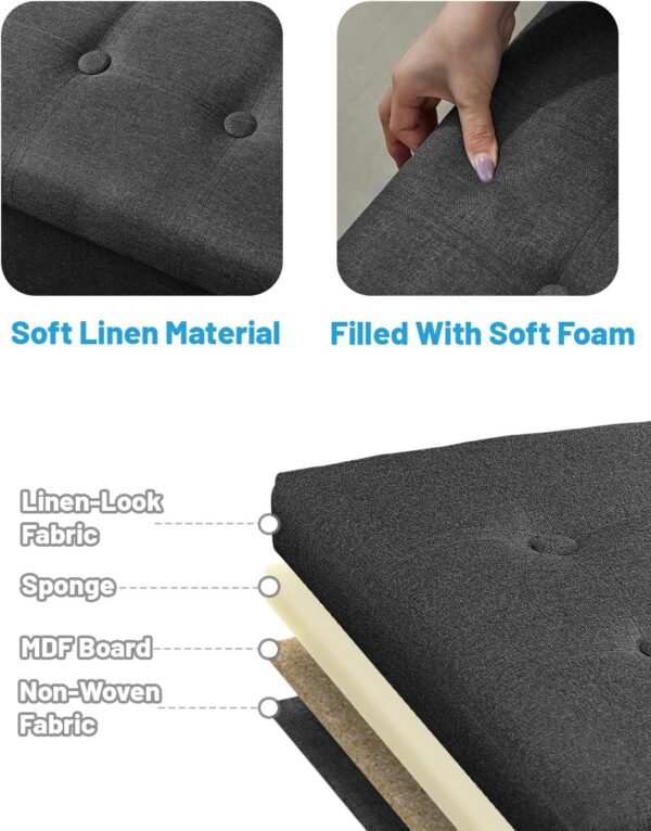 AmasSmile® Storage Ottoman Folding Foot Rest Stool, 17 inch Linen Footstool Bench, Short Ottoman Bench, Storage Foot Rest Store, Books, Records Support 330 lbs,Dark Grey - Image 6