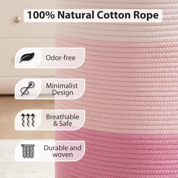 Cotton Rope Laundry Hamper by Fiona's magic, Tall Woven Laundry Basket Storage, Baby Nursery Hamper for Blankets, Toys and Clothes Hamper for Bedroom and Living Room Organizing, 58L, Pink - Image 5