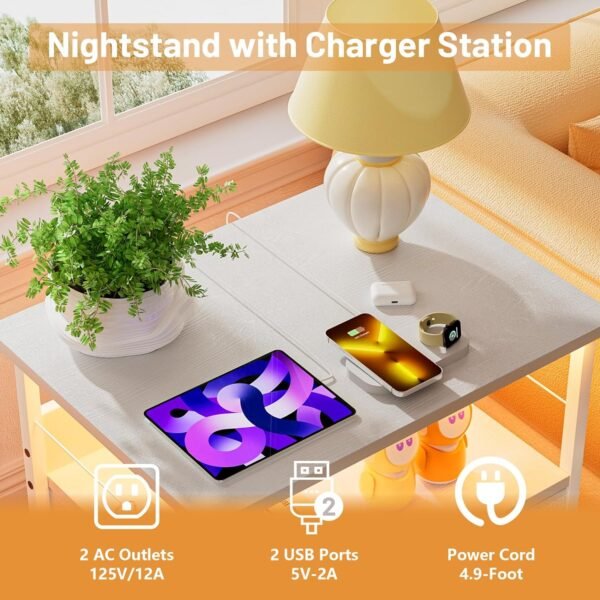 Nighstand with Charging Station White LED Nighstand with 2 Drawers Bed Stand End Table for Bedroom, Living Room, Entryway, Hallway, College Dorm Metal Frame, Wood Shelf - Image 6