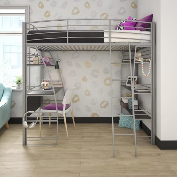 DHP Studio Loft Bunk Bed Over Desk and Bookcase with Metal Frame, Twin, Gray Gray - Image 2