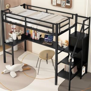 Twin XL Loft Bed with Desk and Storage Stairs, Heavy Duty Loft Bed with Stairs, Wardrobe, Adjustable Shelf and Charging Station, LED Loft Bed for Kids, Teens, Adults, Black Loft Bed Twin XL Size