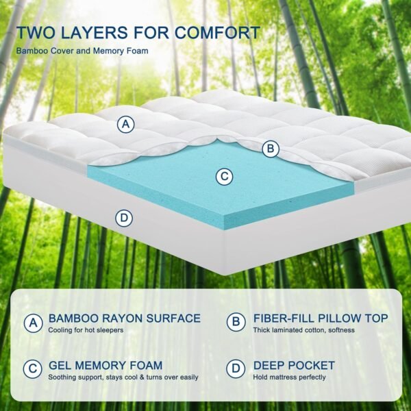Bedluxury Dual Layer 3 Inch Memory Foam Mattress Topper Full Size，2 Inch Gel Memory Foam and 1 Inch Cooling Pillow Top Mattress Pad Cover for Back Pain，Comfort Support & Pressure Relief - Image 3
