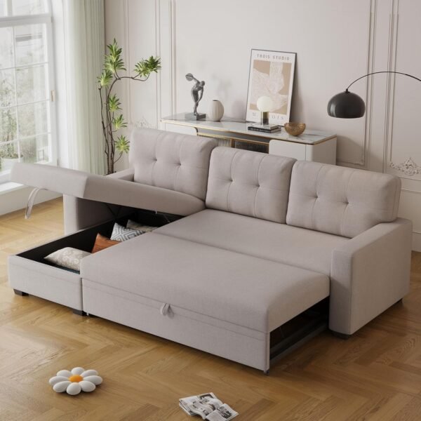 82" Convertible Sectional Sleeper Sofa with Storage Chaise, L Shaped Pull Out Couch Bed with 3 Tufted Living Room, Apartment,Office, Beige + 3 Back cushion - Image 6