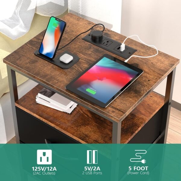 Nightstand with Charging Station, Bedside Table LED Night Stand with USB Ports and Outlets, End Table with 3 Fabric Drawers and Storage Shelf, Night Stands for Bedroom (Black&Brown) - Image 3