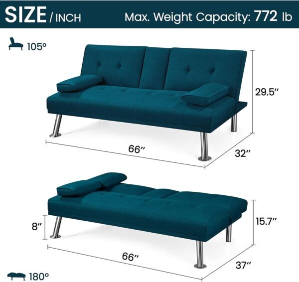 Yaheetech Linen Fabric Modern Sofa Bed Futon Couch Bed Folding Recliner Sleeper Reversible Loveseat Convertible Daybed, 2 Cup Holders, 3 Angles, 772lb Capacity, Removable Armrests, Aqua Blue - Image 3