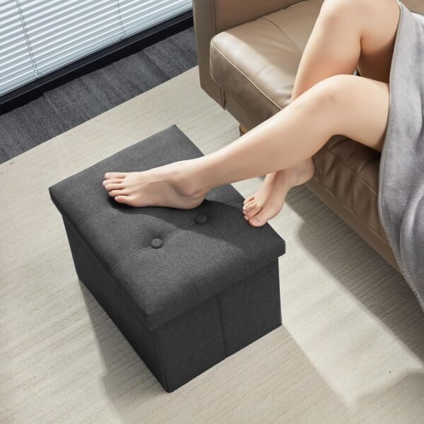 AmasSmile® Storage Ottoman Folding Foot Rest Stool, 17 inch Linen Footstool Bench, Short Ottoman Bench, Storage Foot Rest Store, Books, Records Support 330 lbs,Dark Grey - Image 2