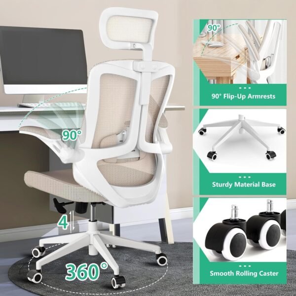 Ergonomic Office Chair - Comfy Desk Chairs with Wheels and Arms, Heavy Duty Mesh Computer Chairs with Comfortable Head Lumbar Back Support for Office, Bedroom, Study and College Dorm (khaki) - Image 6