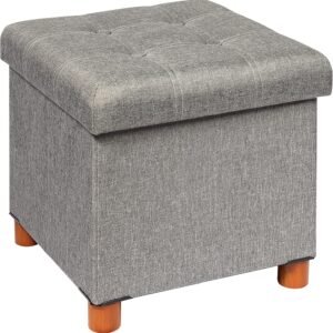 B FSOBEIIALEO Storage Ottoman with Tray, Foot Stools and Ottomans with Legs, Storage Cube Seat Linen Grey 15″