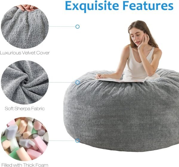 WhatsBedding 5 ft Memory Foam Bean Bag Chairs for Adults/Teens with Filling,5' Bean Bag Sofa with Ultra Soft Dutch Velvet Cover,Round Bean Bag for Living Room,5 Foot,Light Grey - Image 4
