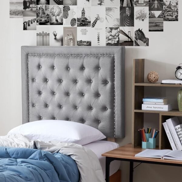 Tavira Allure® College Dorm Headboard - Tufted Rivet - Linen Gray - Image 2