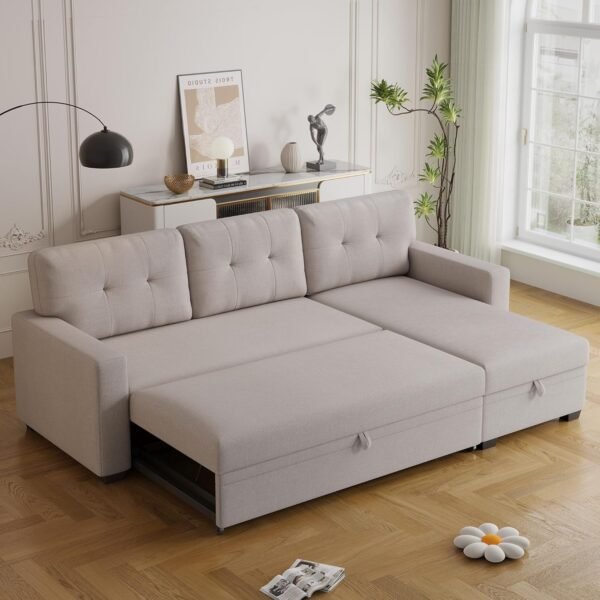 82" Convertible Sectional Sleeper Sofa with Storage Chaise, L Shaped Pull Out Couch Bed with 3 Tufted Living Room, Apartment,Office, Beige + 3 Back cushion - Image 2