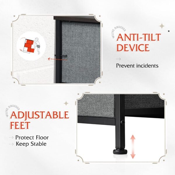 WLIVE Fabric Dresser for Bedroom with Open Shelves, Tall Dresser with 8 Drawers, Storage Tower with Fabric Bins, Chest of Drawers for Closet, Living Room, Hallway, Charcoal Gray - Image 8