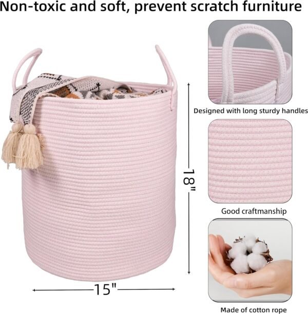 Cotton Rope Laundry Basket Hamper for Girls Kids Baby Nursery Hamper Bin Woven Storage Basket for Living Room Girls room Boho Tall Rope Baskets for Blanket Toys Large light pink - Image 2