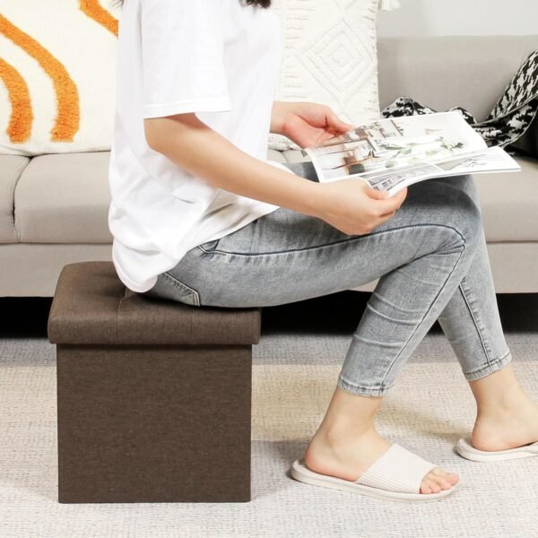 B FSOBEIIALEO Storage Ottoman Cube, Toy Chest Folding Footrest for Living Room Seat, 12.6"X12.6"X12.6" (Linen Brown) - Image 2