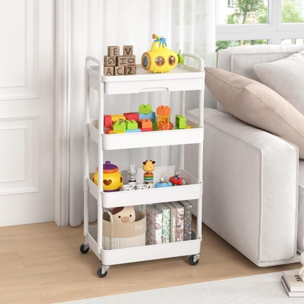 4-Tier Rolling Cart，Trolley with Drawer, Kitchen Storage Organizer with Plastic Shelf & Metal Wheels, Storage Cart for Living Room, Kitchen, Office, Bathroom, White - Image 2