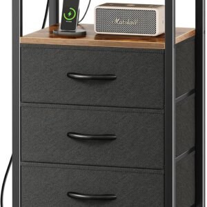 Nightstand with Charging Station, 27.6 Inch Side Table with Fabric Drawers, End Table Bedside Table with USB Ports and Outlets, Night Stand for Bedroom, Rustic Brown and Black