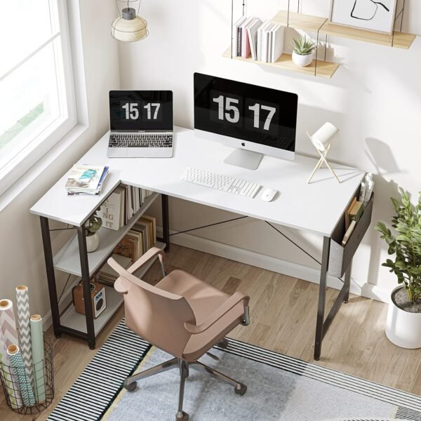 CubiCubi L Shaped Desk, 40 Inch Computer Desk with Reversible Storage Shelves Home Office Corner Desk Study Writing Table, White Top/Black Leg - Image 7