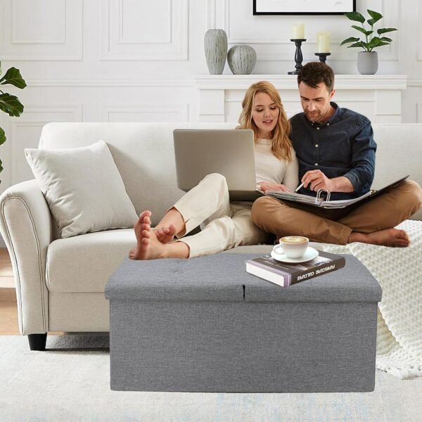 30 Inches Storage Ottoman Bench with Flipping Lid, Linen Foldable Storage Footrest, Ottoman with Storage for Living Room Holds up to 330lbs, Light Grey - Image 6