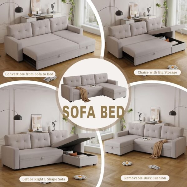 82" Convertible Sectional Sleeper Sofa with Storage Chaise, L Shaped Pull Out Couch Bed with 3 Tufted Living Room, Apartment,Office, Beige + 3 Back cushion - Image 5