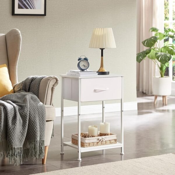 Somdot Nightstand Set of 2, Bedside Table End Table for Bedroom Dorm Nursery Living Room - Removable Fabric Drawer, Open Storage Shelf, Sturdy Steel Frame, Durable Wood Top - White Leather - Image 4