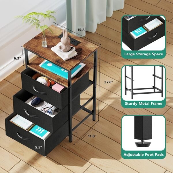 Nightstand with Charging Station, Bedside Table LED Night Stand with USB Ports and Outlets, End Table with 3 Fabric Drawers and Storage Shelf, Night Stands for Bedroom (Black&Brown) - Image 8
