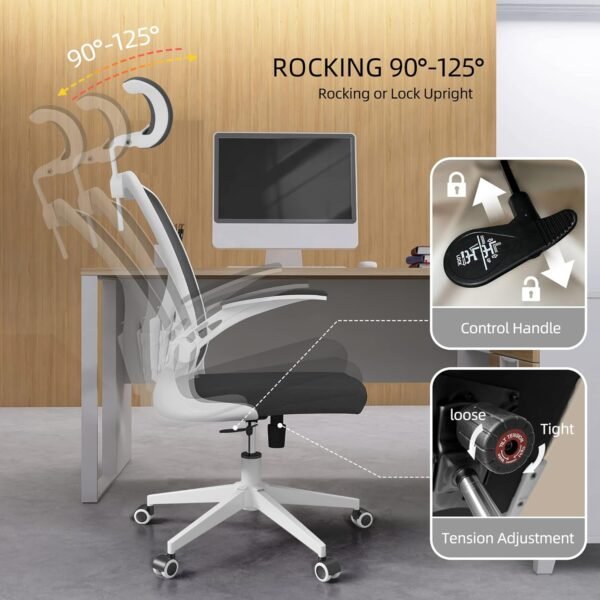 Ergonomic Office Chair, High Back Mesh Computer Desk Chair with Flip-up Arms, Adjustable Lumbar Support & Headrest, Swivel Rolling Task Chair for Home Office, Bedroom, Study, College Dorm（White&Black - Image 7