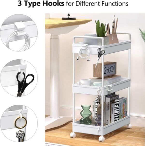 SOLEJAZZ Rolling Storage Cart, 3 Tier Utility Cart Mobile Slide Out Organizer, Bathroom Standing Rack Shelving Unit Organizer for Kitchen, Bathroom, Laundry Room, White - Image 4