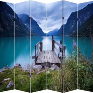 TOA 6 Panels Privacy Screen Room Divider Partition with Lake Dock Canvas, Water Resistant for Living Room, Bathroom, Home Office or College Dorm, Wood Frame