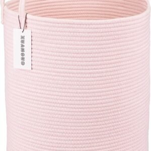 Cotton Rope Laundry Basket Hamper for Girls Kids Baby Nursery Hamper Bin Woven Storage Basket for Living Room Girls room Boho Tall Rope Baskets for Blanket Toys Large light pink