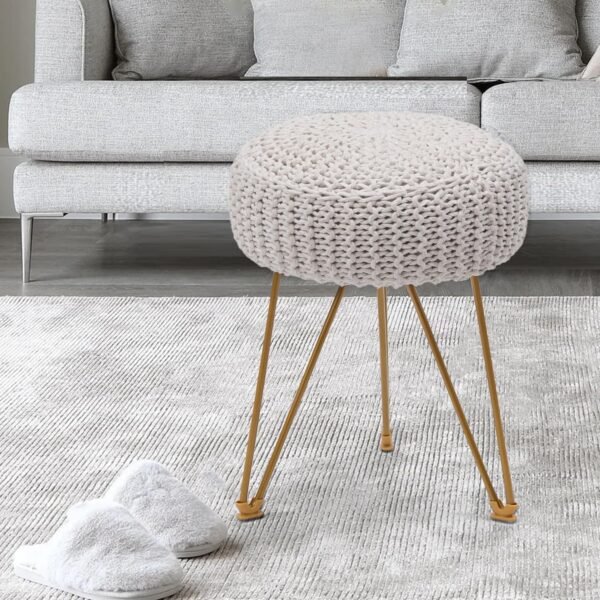 Round Boho Pouf Stool Ottoman, Hand Knitted Pouffe, Cotton Braided Cord Seat with Gold Metal Legs, Home Decor Foot Rest for Living Room, Bedroom (Beige) - Image 2