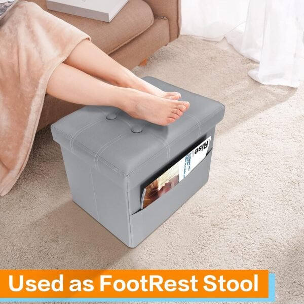 FujDun® Folding Storage Ottoman Foot Rest Footstool with Side Pocket,Foot Rest for Couch, Leather Ottoman Seat for Living Room Bedroom or Dorm,Padded with Thick Sponge,16X12X12in Grey - Image 5