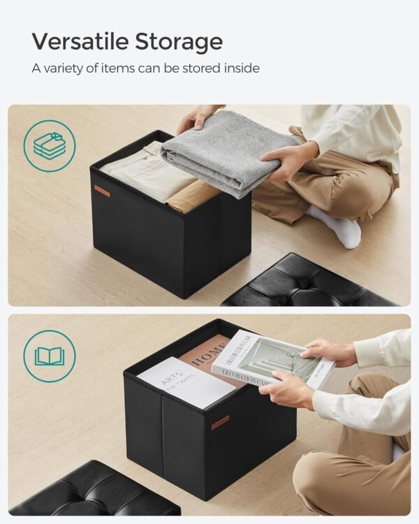 SONGMICS Small Folding Storage Ottoman, Foot Rest Stool, Cube Footrest, Synthetic Leather, 12.2 x 16.1 x 12.2 Inches, 286 lb Capacity, for Living Room, Bedroom, Dorm, Ink Black ULSF100B01 - Image 5