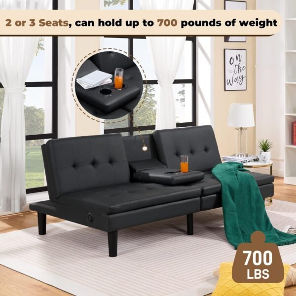 PrimeZone Futon Convertible Couch Bed - 69"W x 38"D x 29.5"H Faux Leather Futon Bed with USB & 2 Cupholders, Modern Memory Foam Sleeper Sofa Bed, Folding Loveseat for Apartment, Dorm, Office, Black - Image 8
